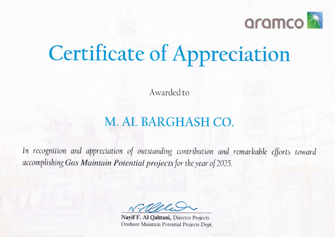 Certificate of Appreciation from Saudi Aramco for GGUPD 2024 GAS Well.