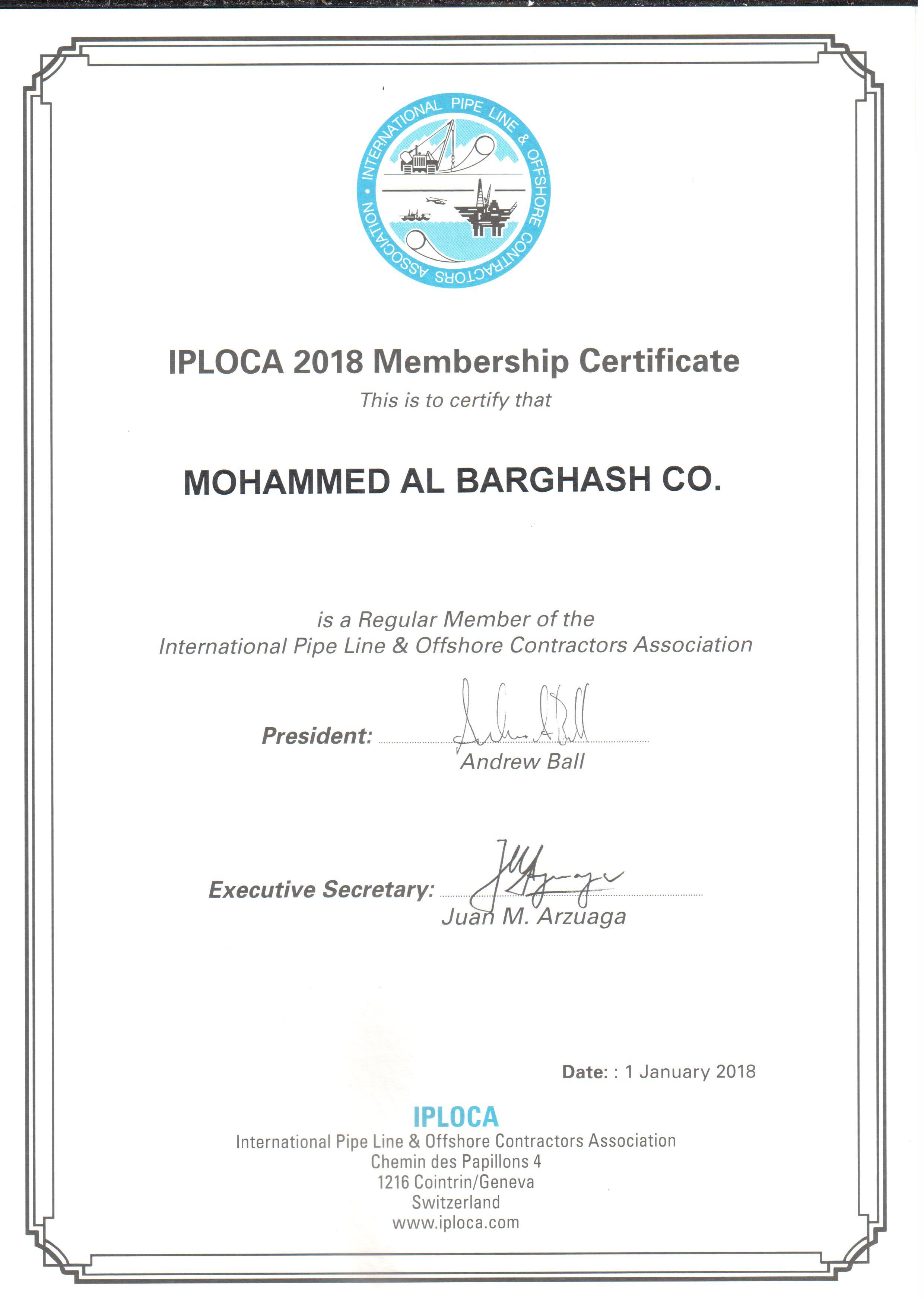 IPLOCA 2018 Membership Certificate